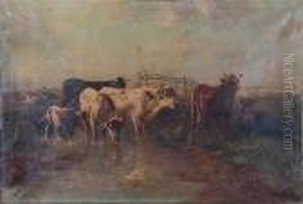 River Landscape With Watering Cattle Oil Painting by Henry Schouten