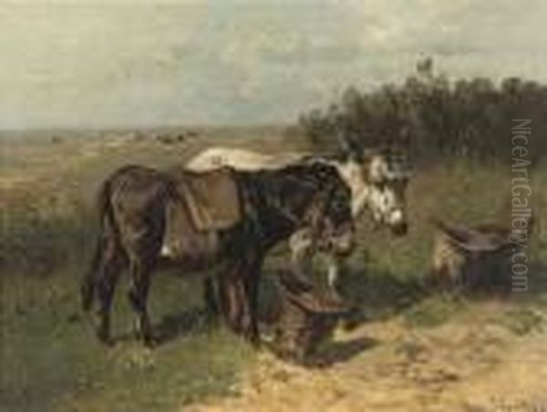 Donkeys In A Field Oil Painting by Henry Schouten