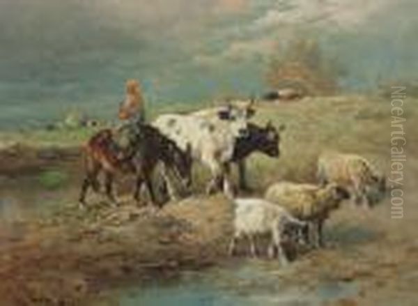 Boerin Op Ezel Met Koeien Enschapen Oil Painting by Henry Schouten