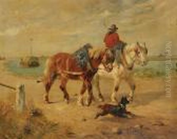 Garnaalvisser Met Twee Paarden Enhond Aan Het Strand Oil Painting by Henry Schouten