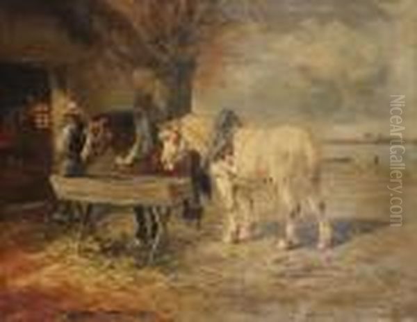 Paarden Bij De Stal Oil Painting by Henry Schouten