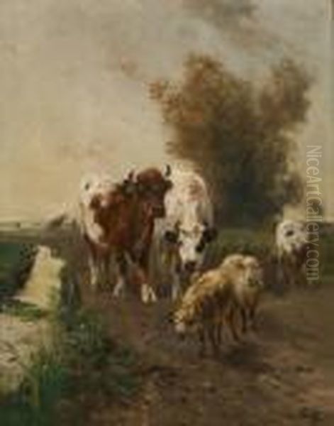 Vaches Et Moutons Au Bord Duruisseau Oil Painting by Henry Schouten