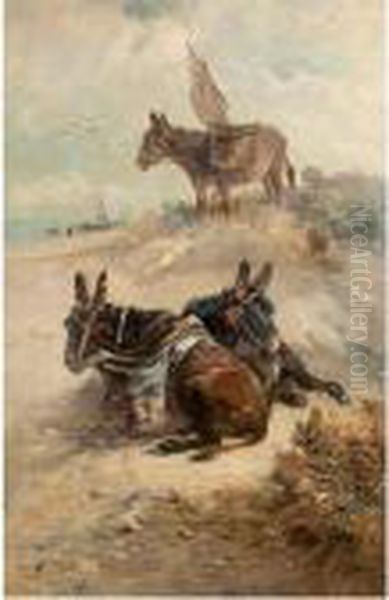 Donkeys At Rest On The Beach Oil Painting by Henry Schouten