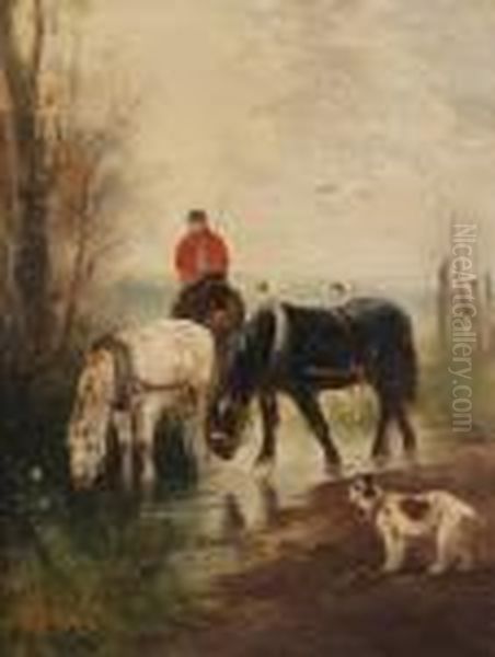 Paarden Bij De Drinkplaats Oil Painting by Henry Schouten