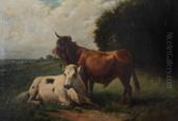 Stier En Koe In De Wei Aan De Rand Van Het Woud Oil Painting by Henry Schouten