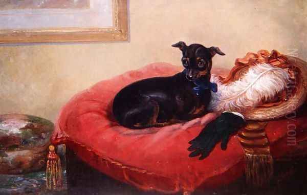 Her Favourite Pet a Manchester Terrier on a red cushion Oil Painting by Thomas Smythe