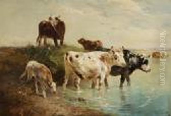 Bulls And Cows Near The Water Oil Painting by Henry Schouten