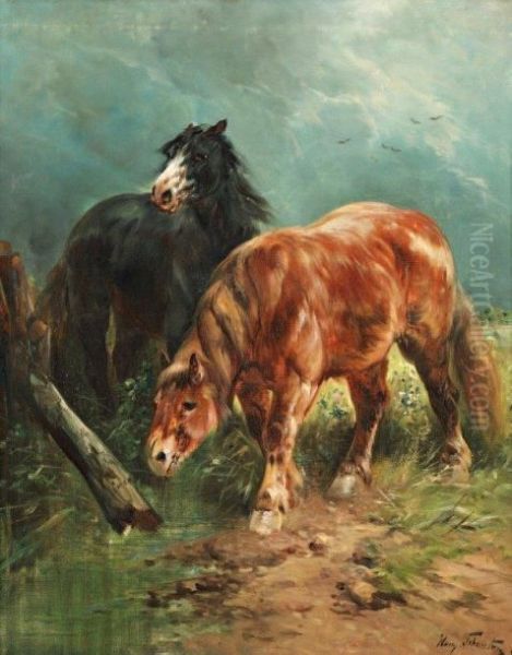 Chevaux Au Pre Oil Painting by Henry Schouten