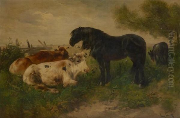 Vaches, Cheval Et Ane A La Barriere Oil Painting by Henry Schouten