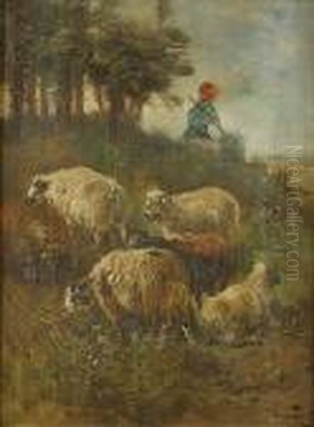 Herderinnetje Met Kudde Schapen Oil Painting by Henry Schouten