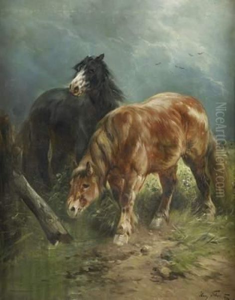 Chevaux A La Mare Oil Painting by Henry Schouten