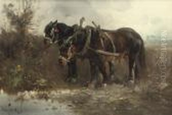 Horses Near A Pond Oil Painting by Henry Schouten