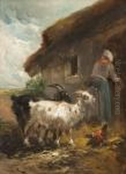 Bauerin Mit Ziegen Undhuhn Vor Dem Stall Oil Painting by Henry Schouten