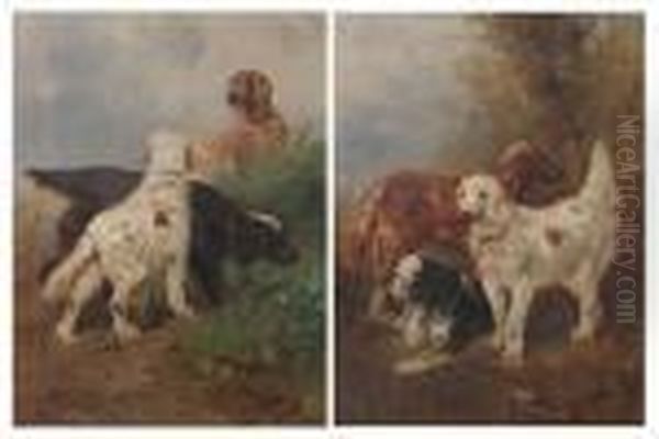 Three Hounds In A Landscape Oil Painting by Henry Schouten