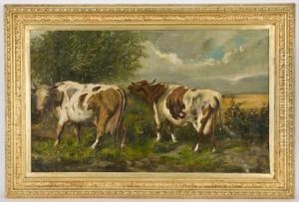 Depicting A Springtime Landscape With Two Cows Grazing Oil Painting by Henry Schouten