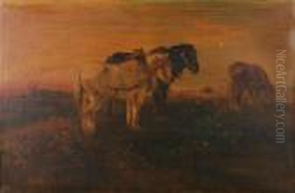 Horses In The Meadow Oil Painting by Henry Schouten