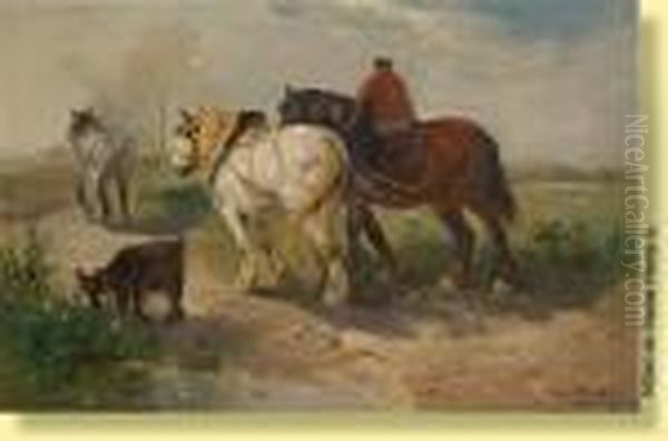 Chevaux De Labour Retournant A La Ferme Oil Painting by Henry Schouten