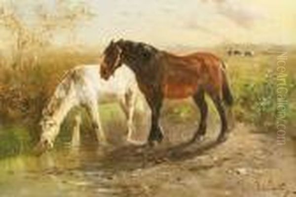 Two Horses At The Watering Place. Oil Painting by Henry Schouten