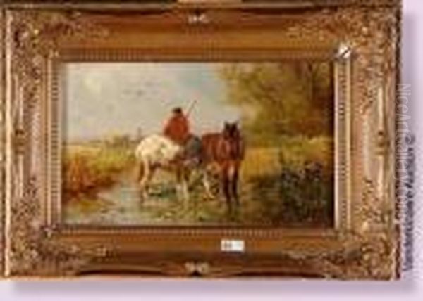 Fermier Et Ses Chevaux Au Ruisseau Oil Painting by Henry Schouten