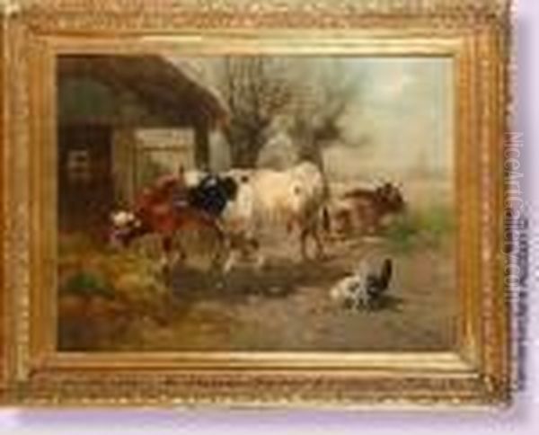 Vaches Et Poules Devant L'etable Oil Painting by Henry Schouten