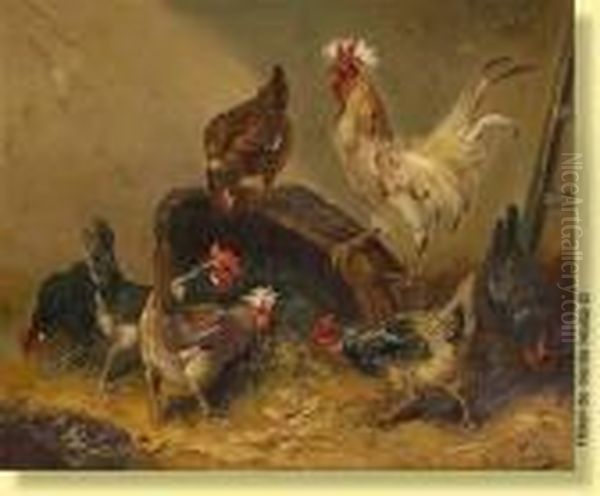 Coqset Poules Picorant Oil Painting by Henry Schouten