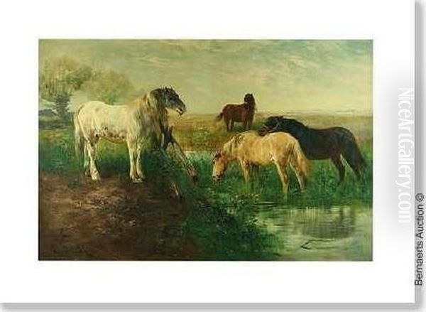 Four Horses Atthe Watering Place Oil Painting by Henry Schouten