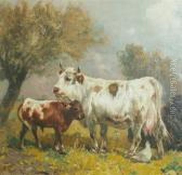 Cows And Chickens In A Landscape Oil Painting by Henry Schouten