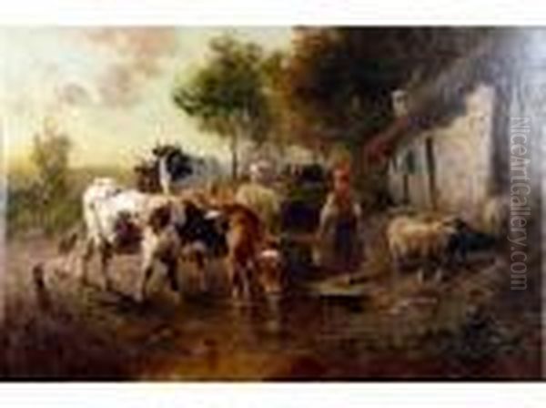 La Gardienne De Vaches Huile Sur Toilesignee En Bas A Gauche 60 X 90 Oil Painting by Henry Schouten