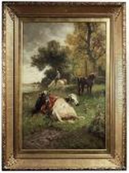 Cows On Asummery Pasture At The Border Of A Wood Oil Painting by Henry Schouten