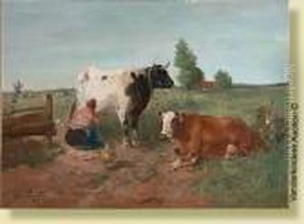 La Traite Des Vaches Au Pre Oil Painting by Henry Schouten