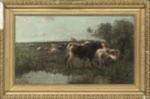 Cattle By A River Oil Painting by Henry Schouten