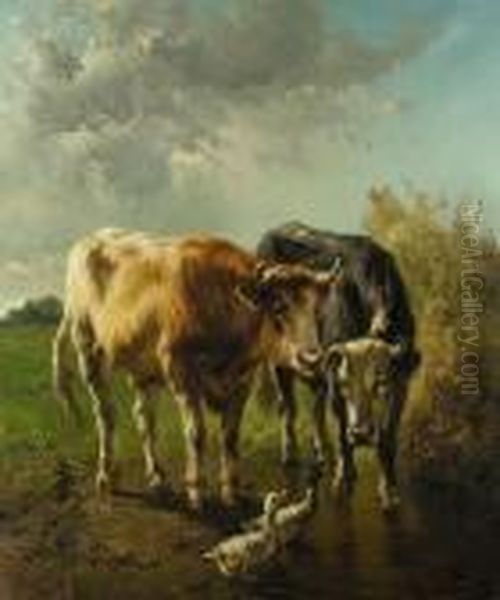 Die Freunde Und Zwei Kuhe Und Ein Entenpaar Am Wassertumpel Oil Painting by Henry Schouten