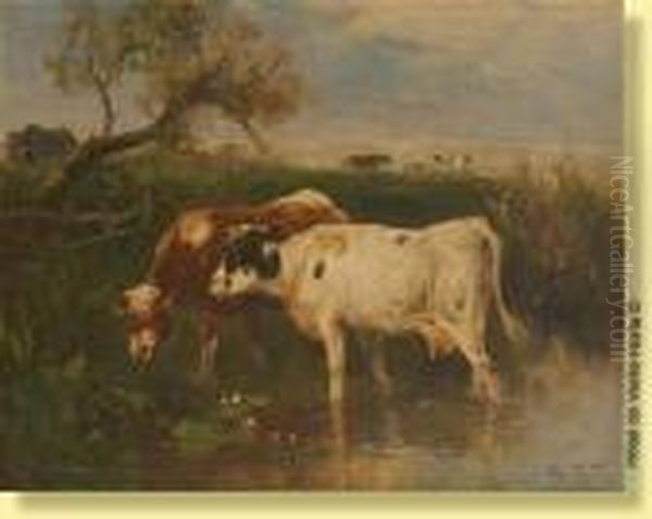 Vaches S'abreuvant Oil Painting by Henry Schouten