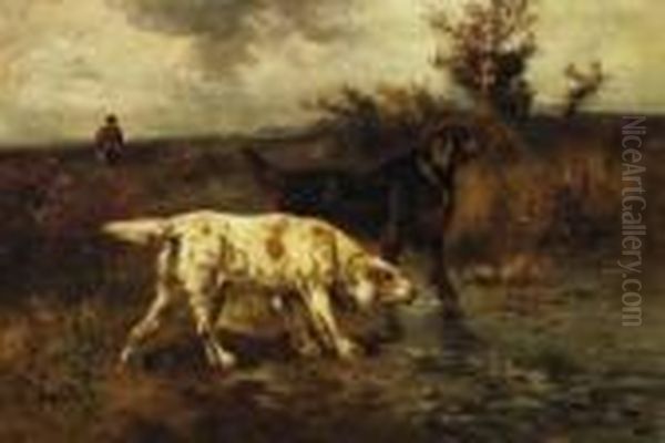 Hunting Hounds In A Vast Fall Landscape. In The Background An Approaching Hunter. Oil Painting by Henry Schouten