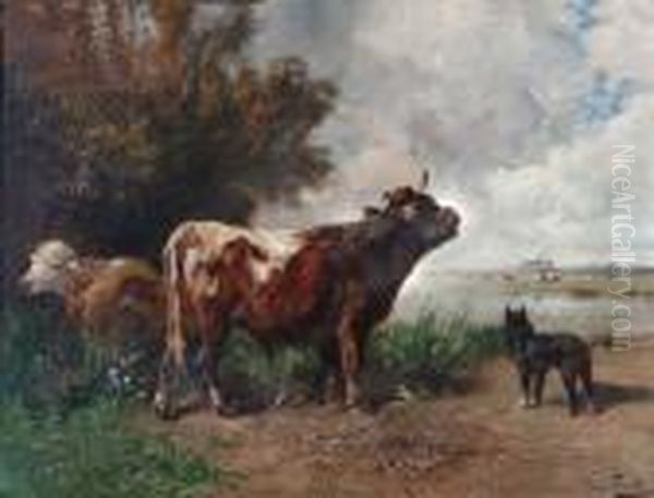 A Gloucester Bull With Cow And Dog On A Bank With Marshy Landscape
Beyond Oil Painting by Henry Schouten