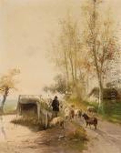 Schaapherder Met Kudde Oil Painting by Henry Schouten