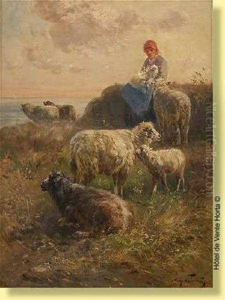 Bergere Et Ses Moutons En Bord De Mer Oil Painting by Henry Schouten