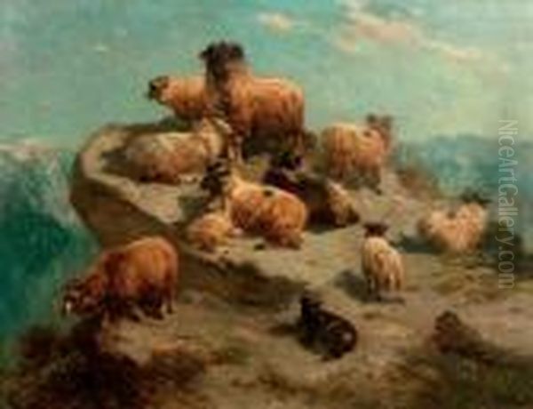 Mountain Sheep On A Cliff's Edge Oil Painting by Henry Schouten