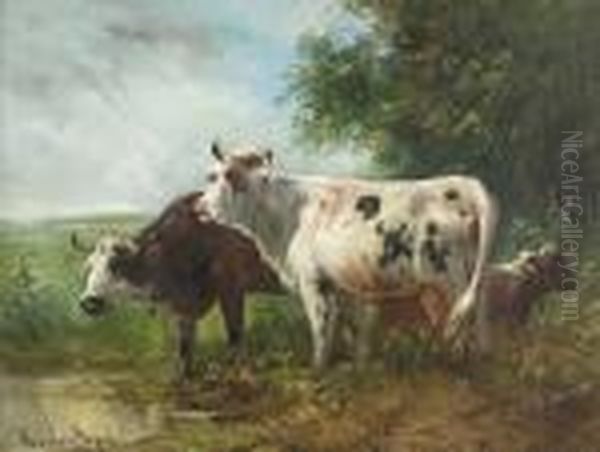 Drei Gefleckte Rinder Bei Der Tranke. Oil Painting by Henry Schouten