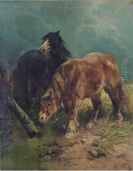 Horses In A Meadow Oil Painting by Henry Schouten