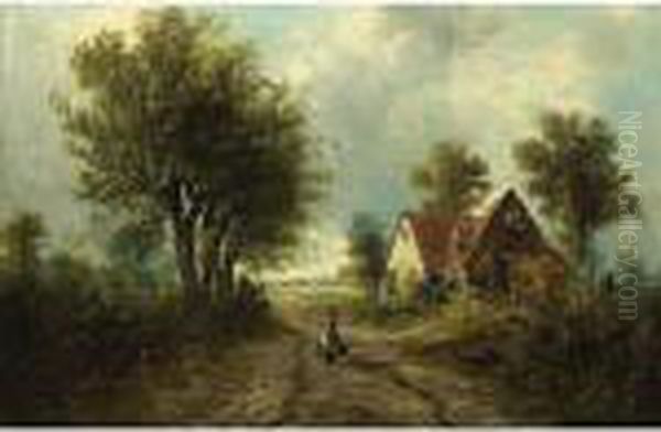 A Peasant Woman In A Landscape Oil Painting by Henry Schouten