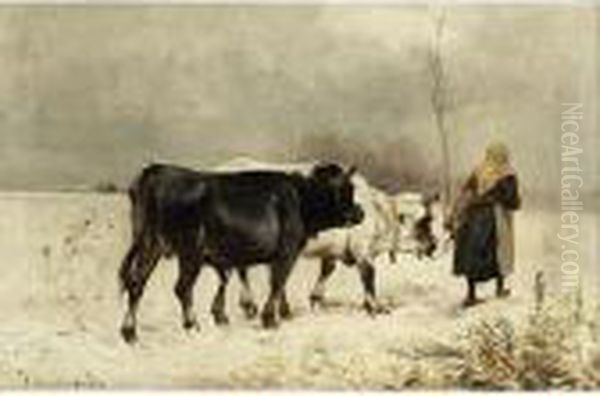 A Peasant Woman With Her Cattle In A Winter Landscape Oil Painting by Henry Schouten