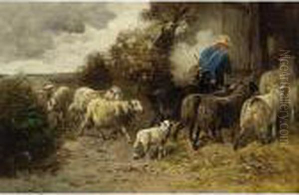 A Herdsman With His Flock Returning Home Oil Painting by Henry Schouten