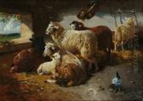 Sheep In A Barn Interior Oil Painting by Henry Schouten