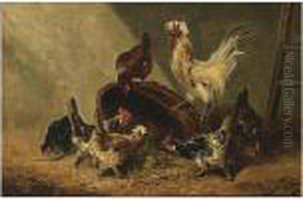 Chickens With A Rooster In A Barn Oil Painting by Henry Schouten