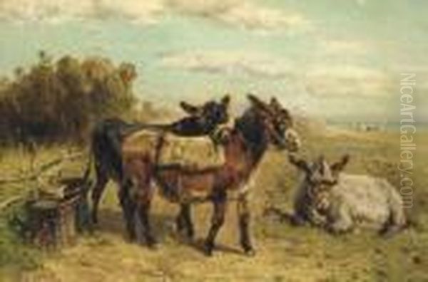 Donkeys Resting In A Coastal Landscape Oil Painting by Henry Schouten