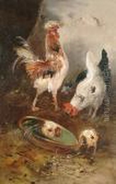 Cockerels And Chicks Oil Painting by Henry Schouten