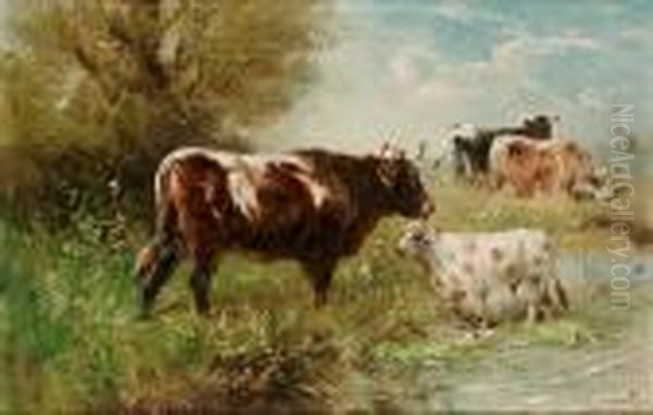 Cattle By A Pond; Cattle On A Beach Oil Painting by Henry Schouten