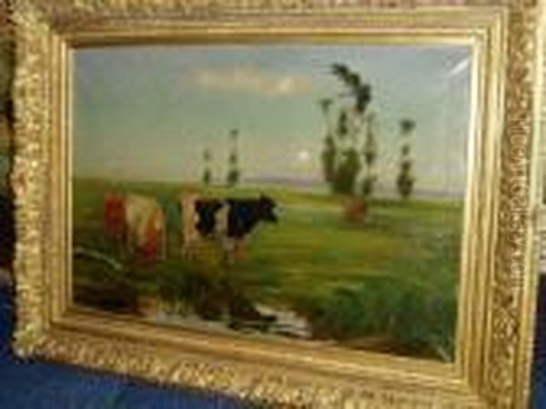 Cattle In A Water Meadow At Sunrise Oil Painting by Henry Schouten