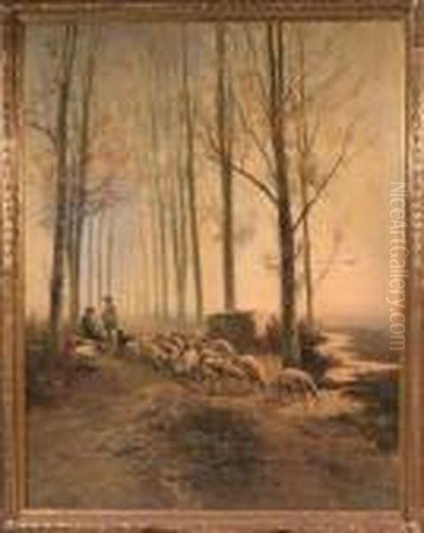 A Shepherd And A Huntsman Meeting On A Forest Track Oil Painting by Henry Schouten